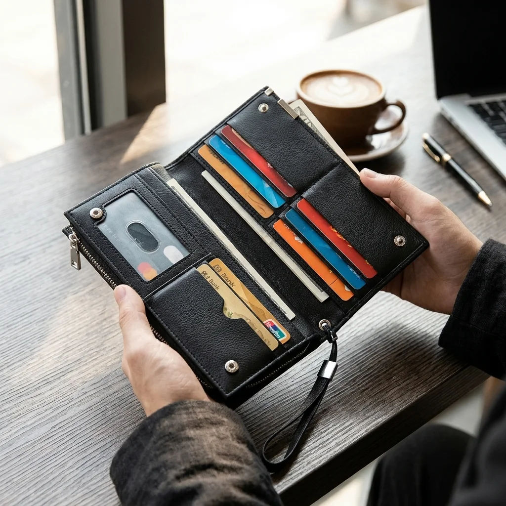 The open Cordault Regent showing its card and cash compartments